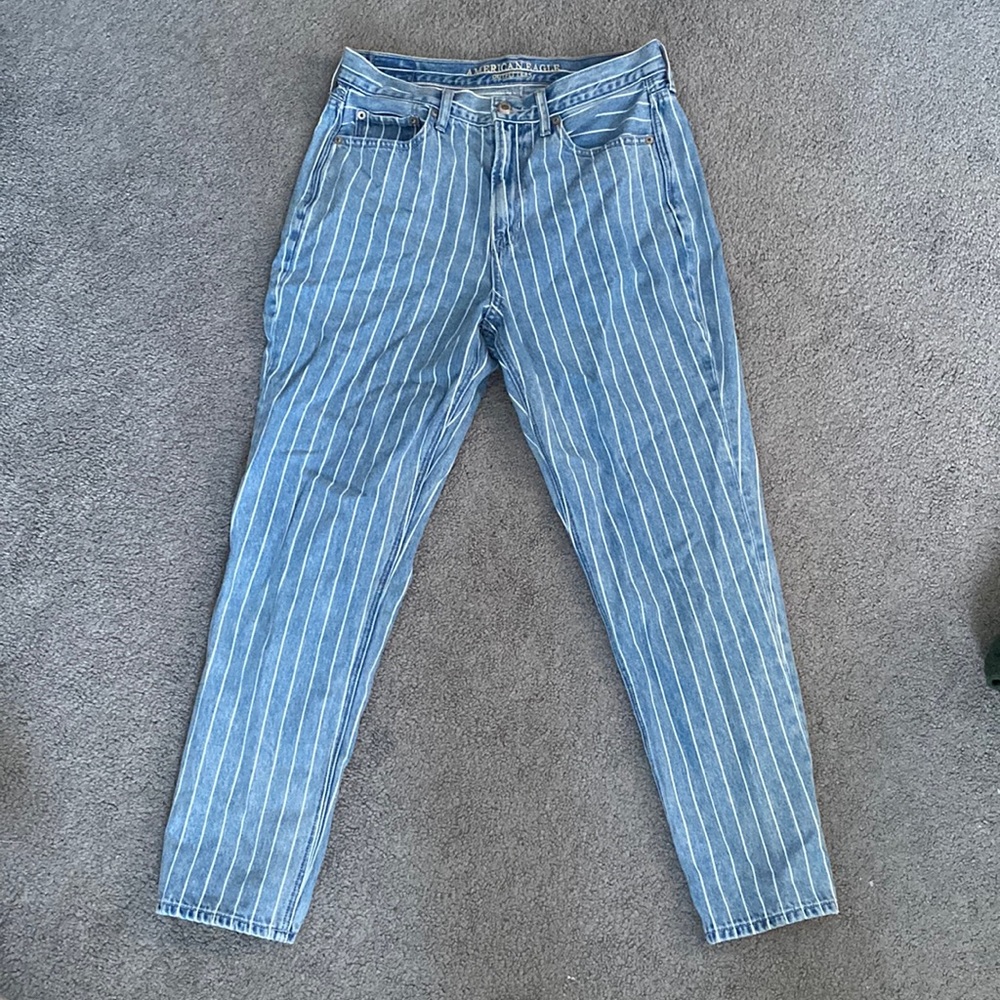 American Eagle Blue Mom Jeans with White Stripes